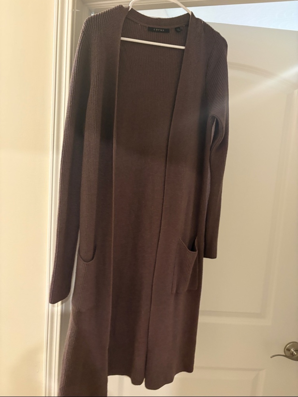 Cyrus Long Brown Open-Front Knit Dress Cardigan - Medium